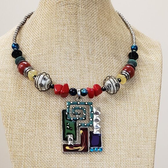 Colorful, stone, glass, enamel, beaded, boho, art deco chocker pendant necklace - Picture 1 of 9
